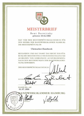 Uhrenmachermeister Bent Borwitzky Großuhrenwerkstatt in Hamburg Meisterbrief 01